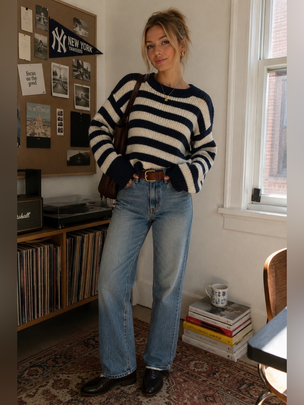 H&M LOGG Mohair Blend Striped Oversized Sweater Navy Cream Size Small